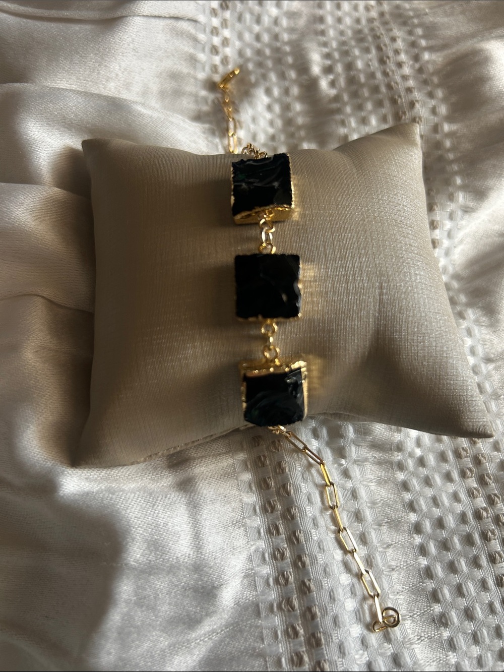 Gold Bracelet with Obsidian Black Stone Squares